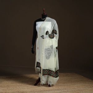 Yellow - Kota Doria Cotton Barmer Applique Work Dupatta with Zari Border 03