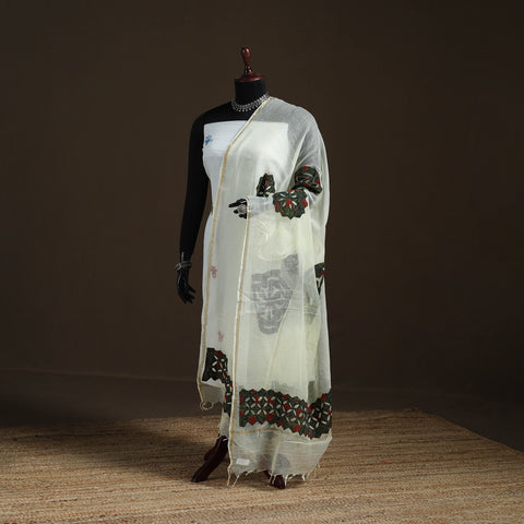 Yellow - Kota Doria Cotton Barmer Applique Work Dupatta with Zari Border 03