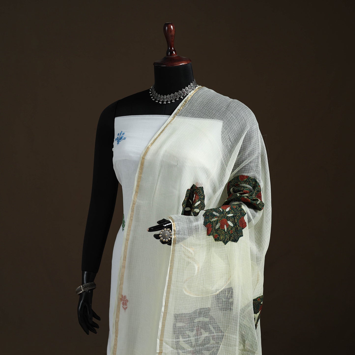 Kota Doria Cotton Barmer Applique Work Dupatta with Zari Border 03