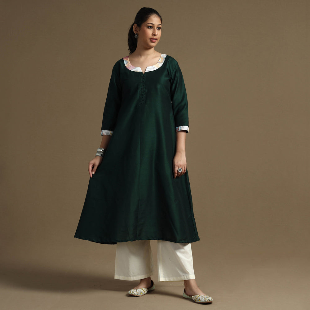 Dark Green - Plain Solid Slub Silk A-Line Long Kurta