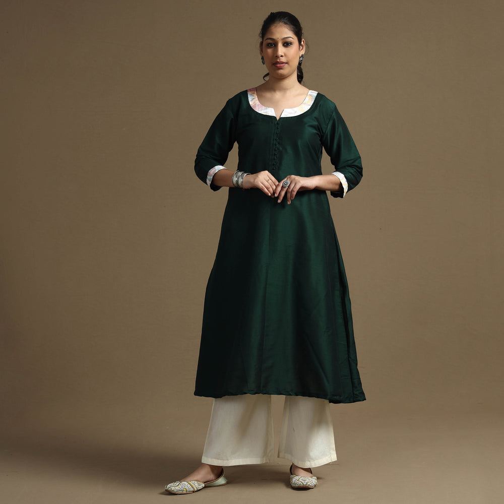 Dark Green - Plain Solid Slub Silk A-Line Long Kurta