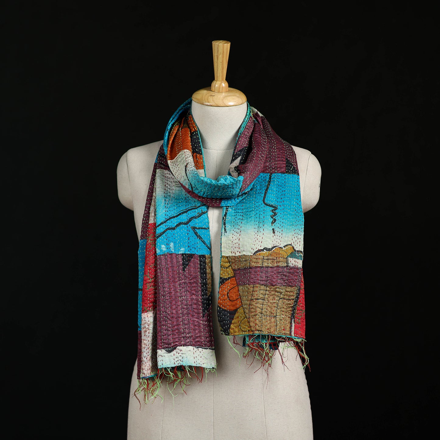 Bengal Kantha Handwork Patchwork Reversible Silk Stole 189
