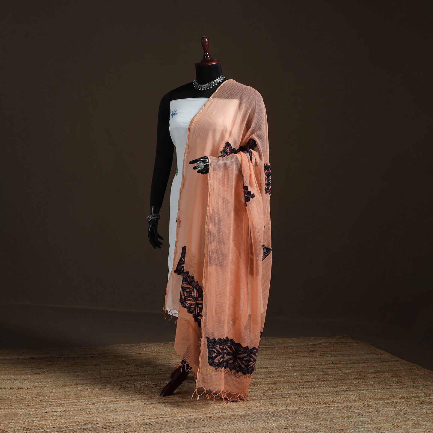 Kota Doria Cotton Barmer Applique Work Dupatta with Zari Border 04