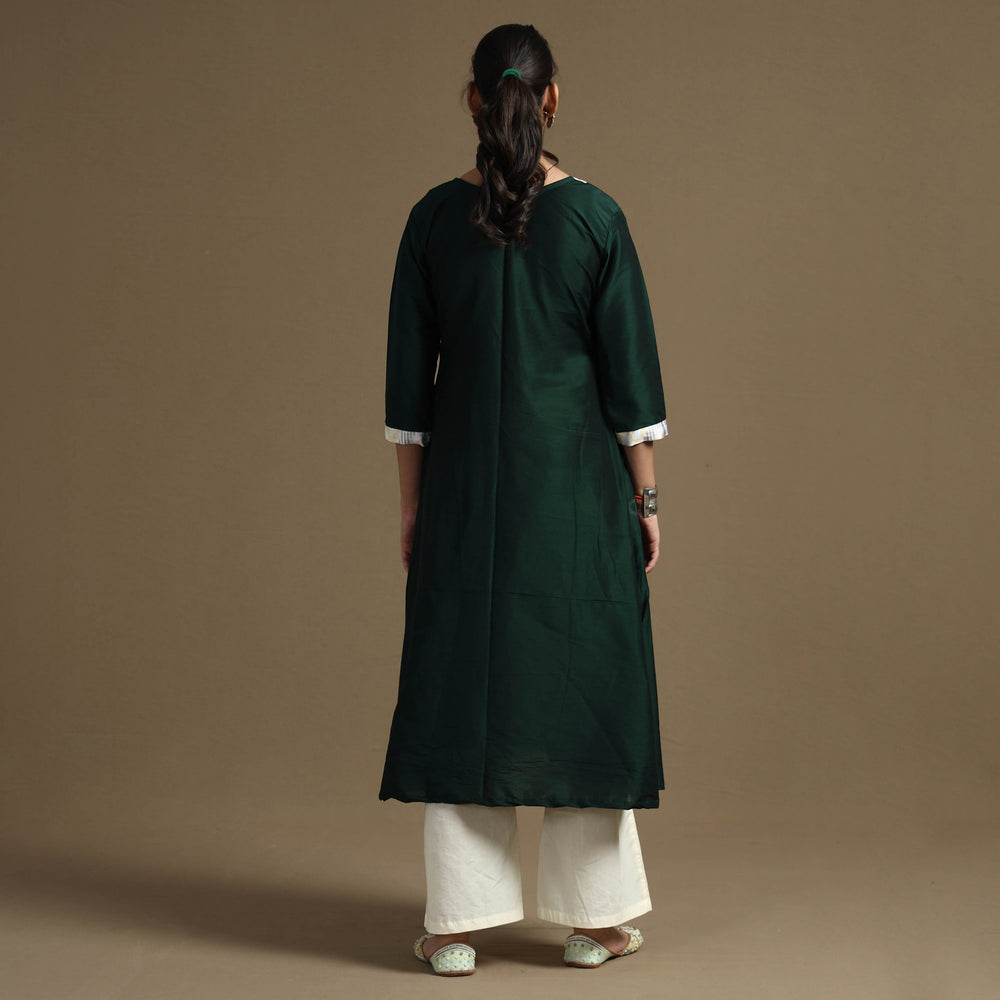 Dark Green - Plain Solid Slub Silk A-Line Long Kurta