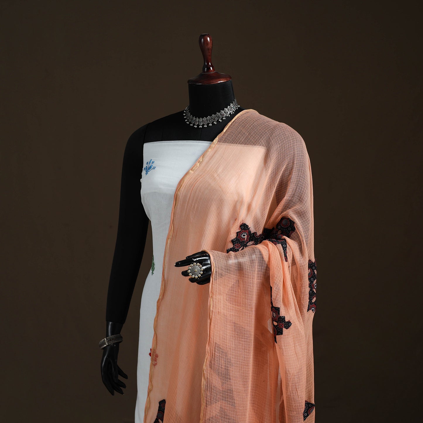 Kota Doria Cotton Barmer Applique Work Dupatta with Zari Border 04