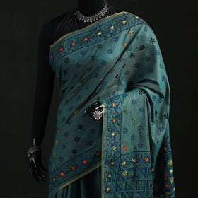 Blue - Bengal Kantha Hand Embroidery Silk Cotton Chapa Work Saree 88