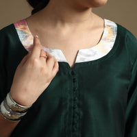 Dark Green - Plain Solid Slub Silk A-Line Long Kurta