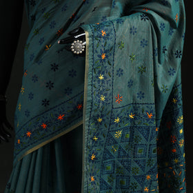 Blue - Bengal Kantha Hand Embroidery Silk Cotton Chapa Work Saree 88