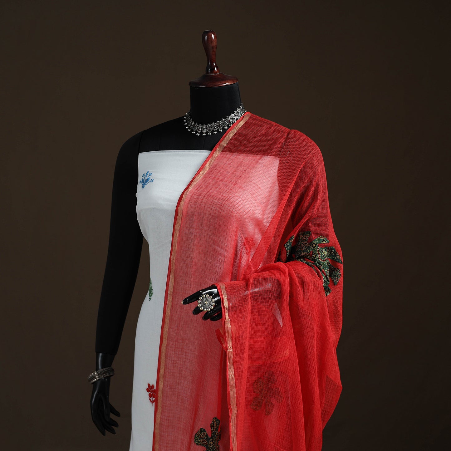 Kota Doria Cotton Barmer Applique Work Dupatta with Zari Border 05