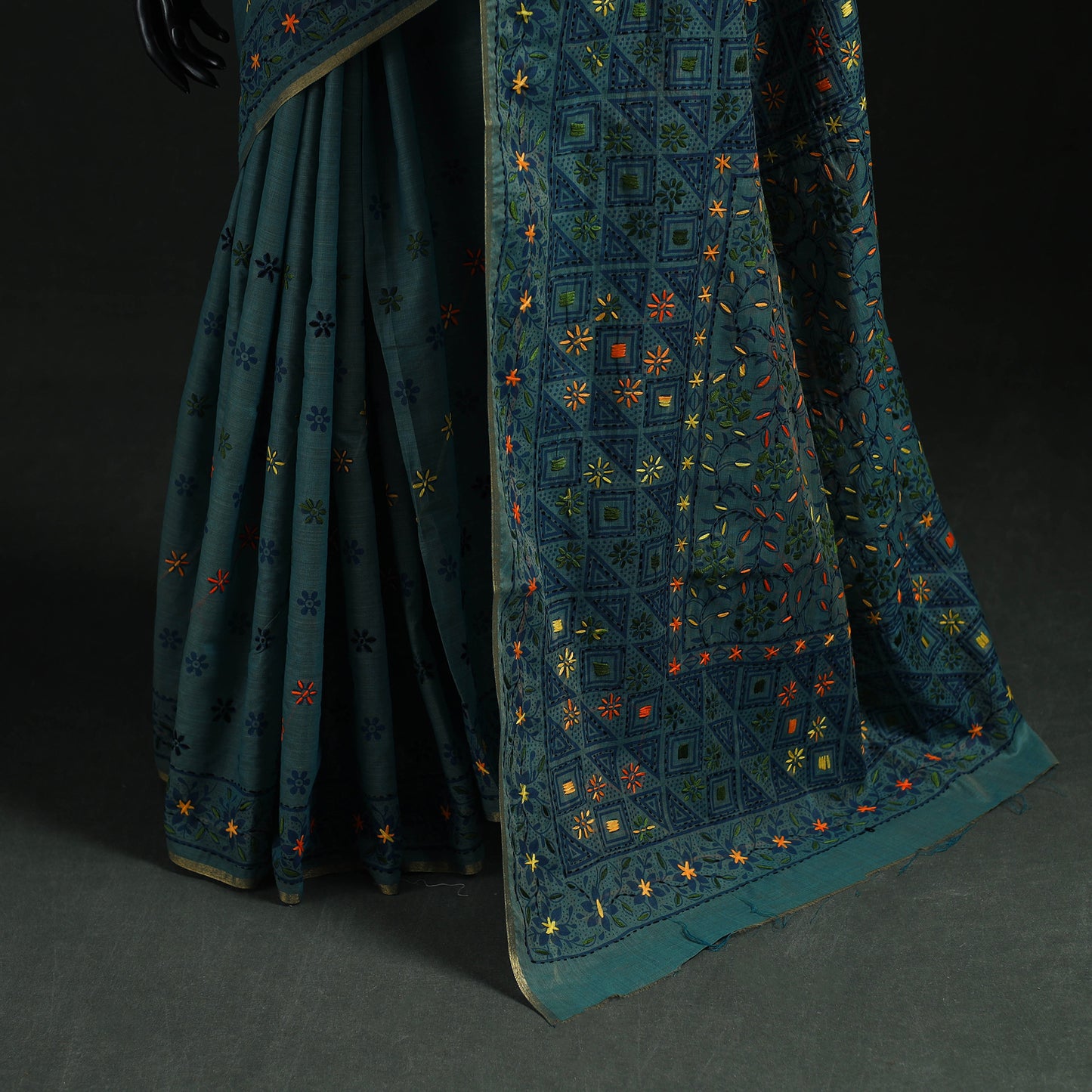 Blue - Bengal Kantha Hand Embroidery Silk Cotton Chapa Work Saree 88