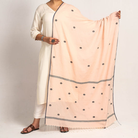 Peach -Bengal Jamdani Buti Handloom Cotton Dupatta with Tassels