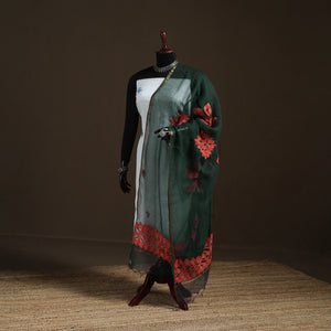 Green - Kota Doria Cotton Barmer Applique Work Dupatta with Zari Border 07