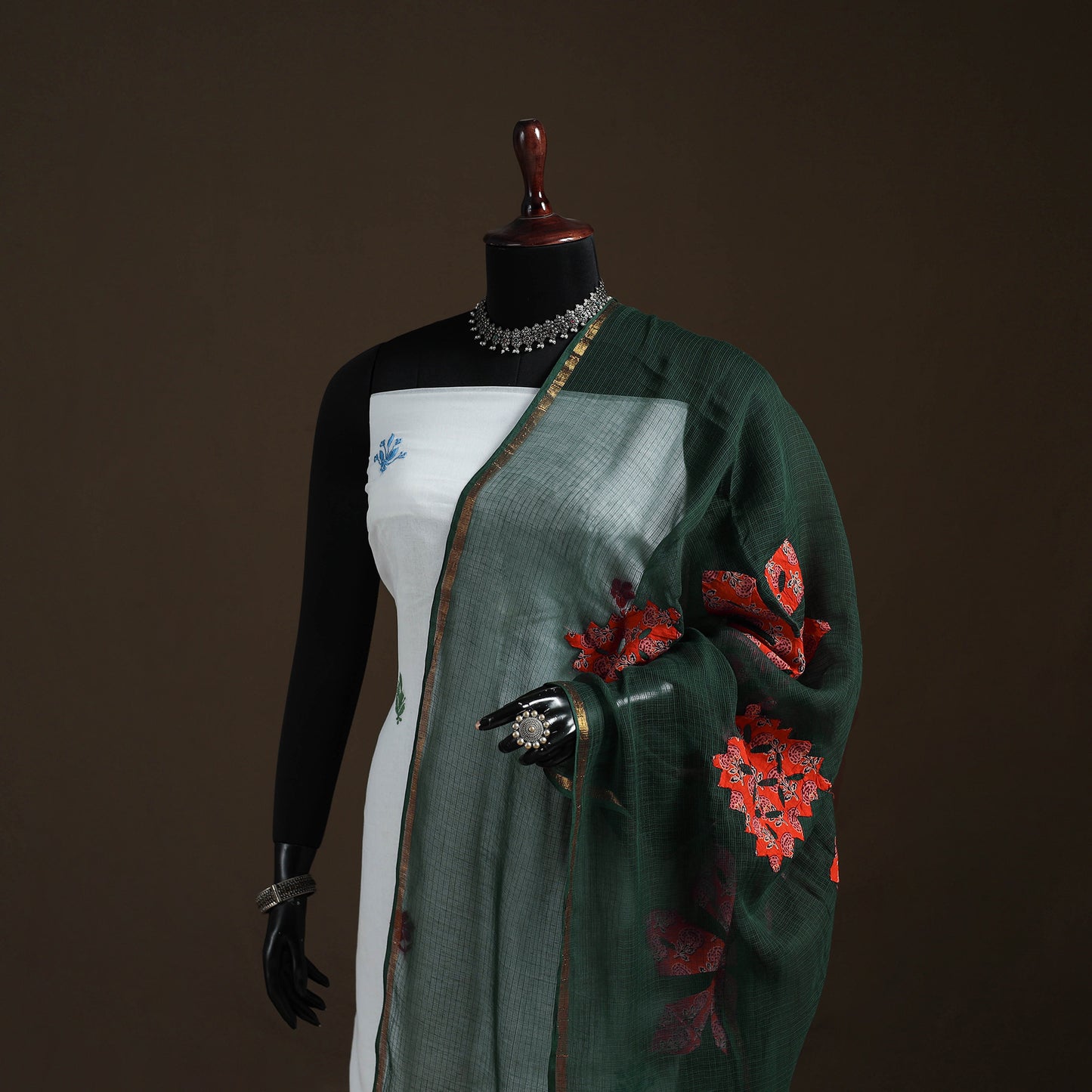 Kota Doria Cotton Barmer Applique Work Dupatta with Zari Border 07