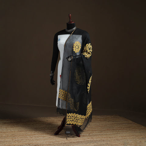 Black - Kota Doria Cotton Barmer Applique Work Dupatta with Zari Border 08
