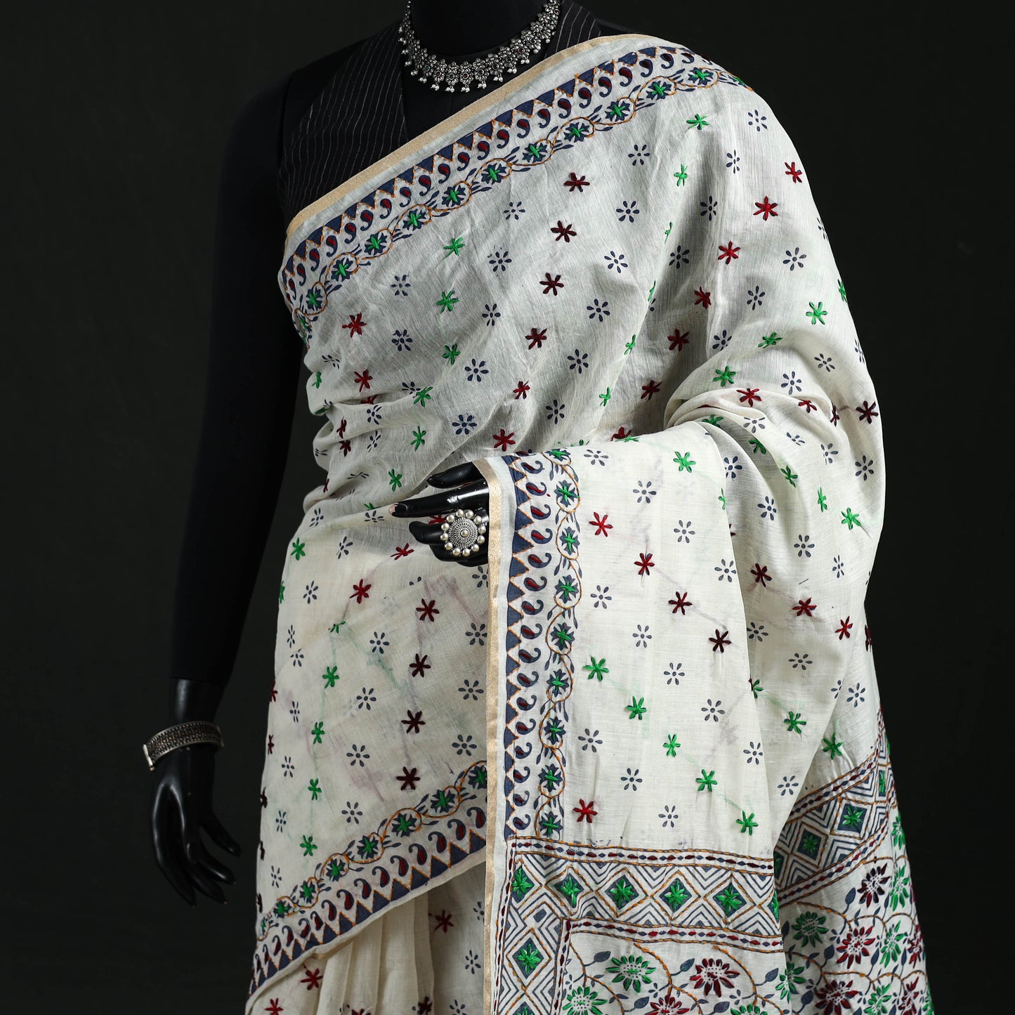 Gray - Bengal Kantha Hand Embroidery Silk Cotton Chapa Work Saree 91