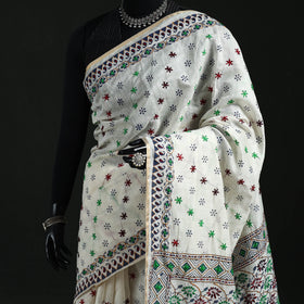Gray - Bengal Kantha Hand Embroidery Silk Cotton Chapa Work Saree 91