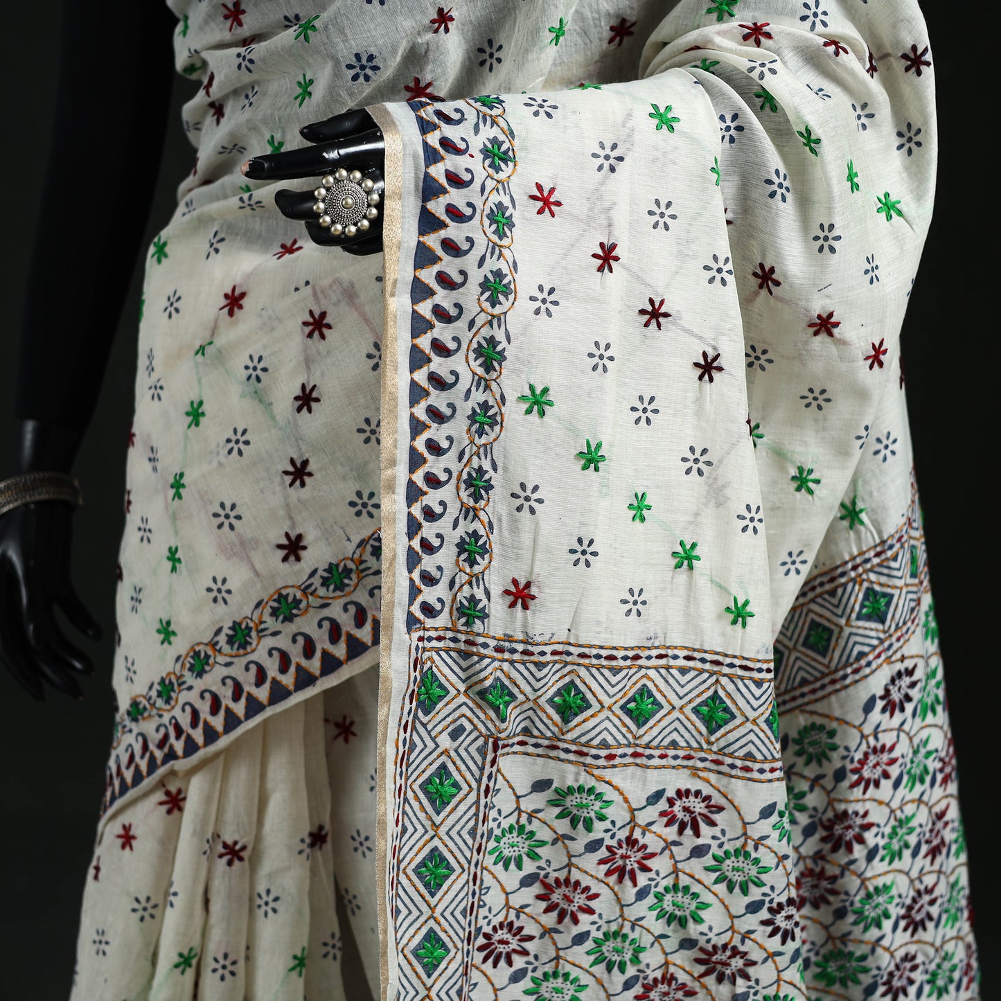Gray - Bengal Kantha Hand Embroidery Silk Cotton Chapa Work Saree 91