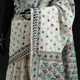 Gray - Bengal Kantha Hand Embroidery Silk Cotton Chapa Work Saree 91