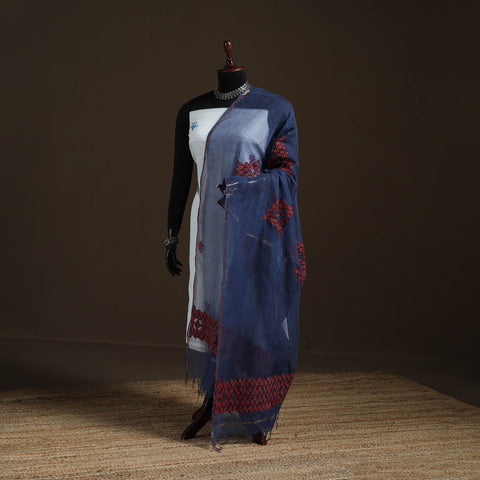 Blue - Kota Doria Cotton Barmer Applique Work Dupatta with Zari Border 09