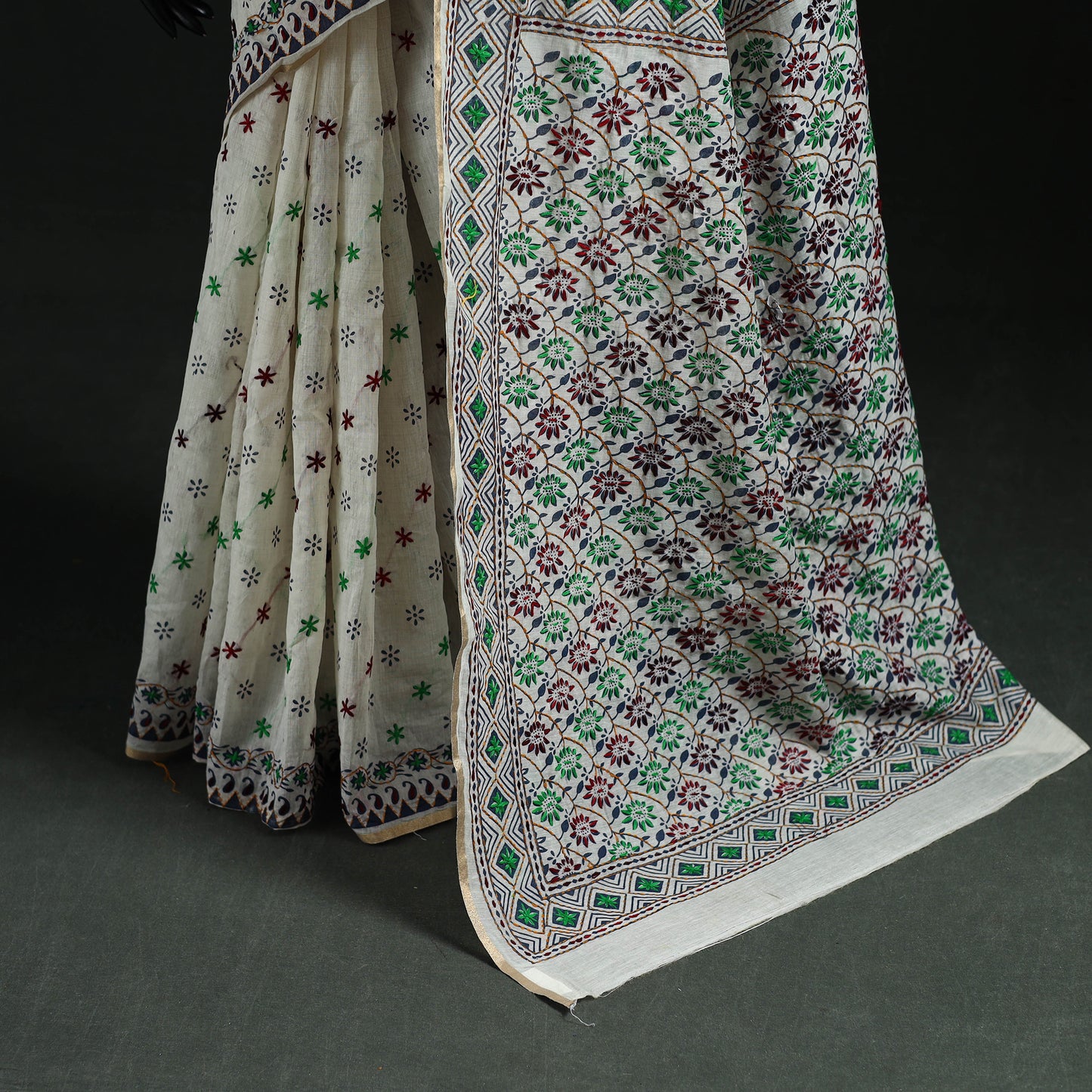 Gray - Bengal Kantha Hand Embroidery Silk Cotton Chapa Work Saree 91