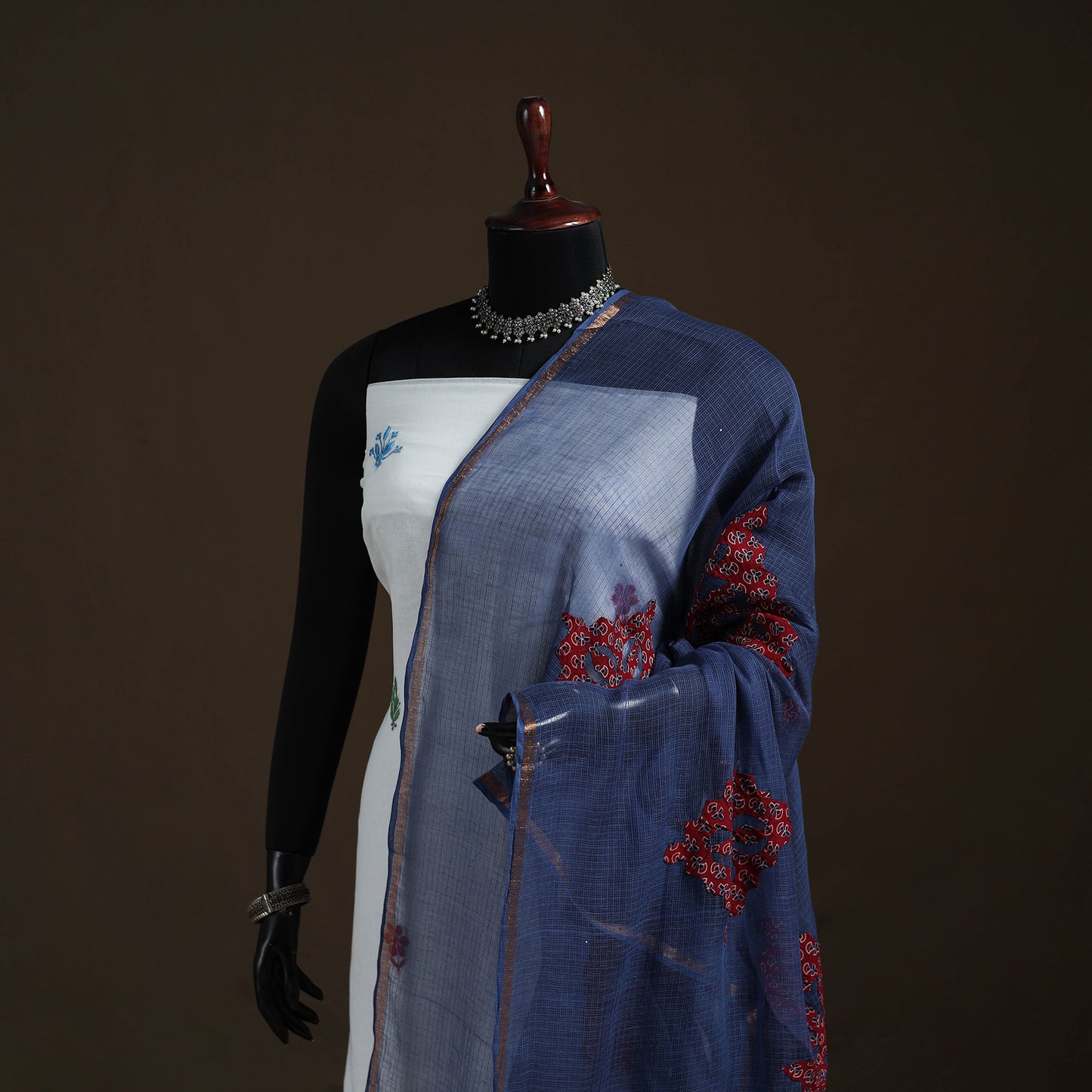 Kota Doria Cotton Barmer Applique Work Dupatta with Zari Border 09