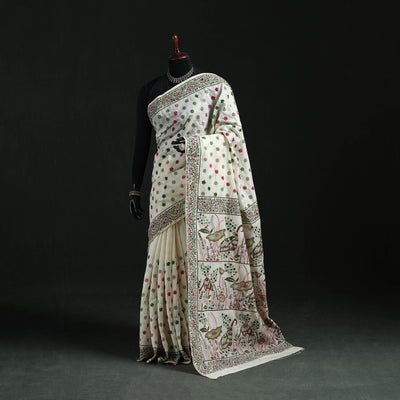 White - Bengal Kantha Hand Embroidery Silk Cotton Chapa Work Saree 92