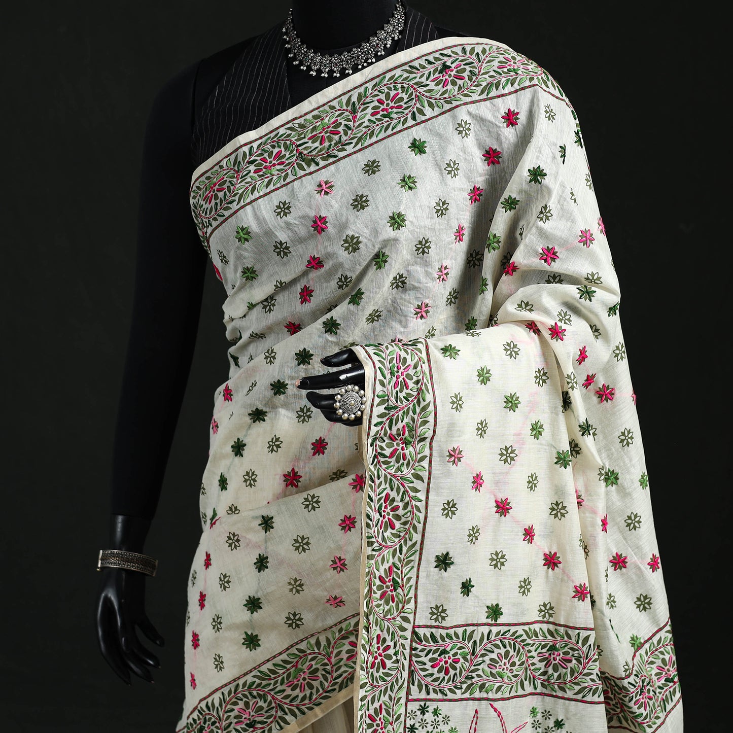 White - Bengal Kantha Hand Embroidery Silk Cotton Chapa Work Saree 92