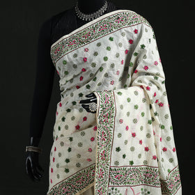 White - Bengal Kantha Hand Embroidery Silk Cotton Chapa Work Saree 92