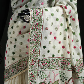 White - Bengal Kantha Hand Embroidery Silk Cotton Chapa Work Saree 92