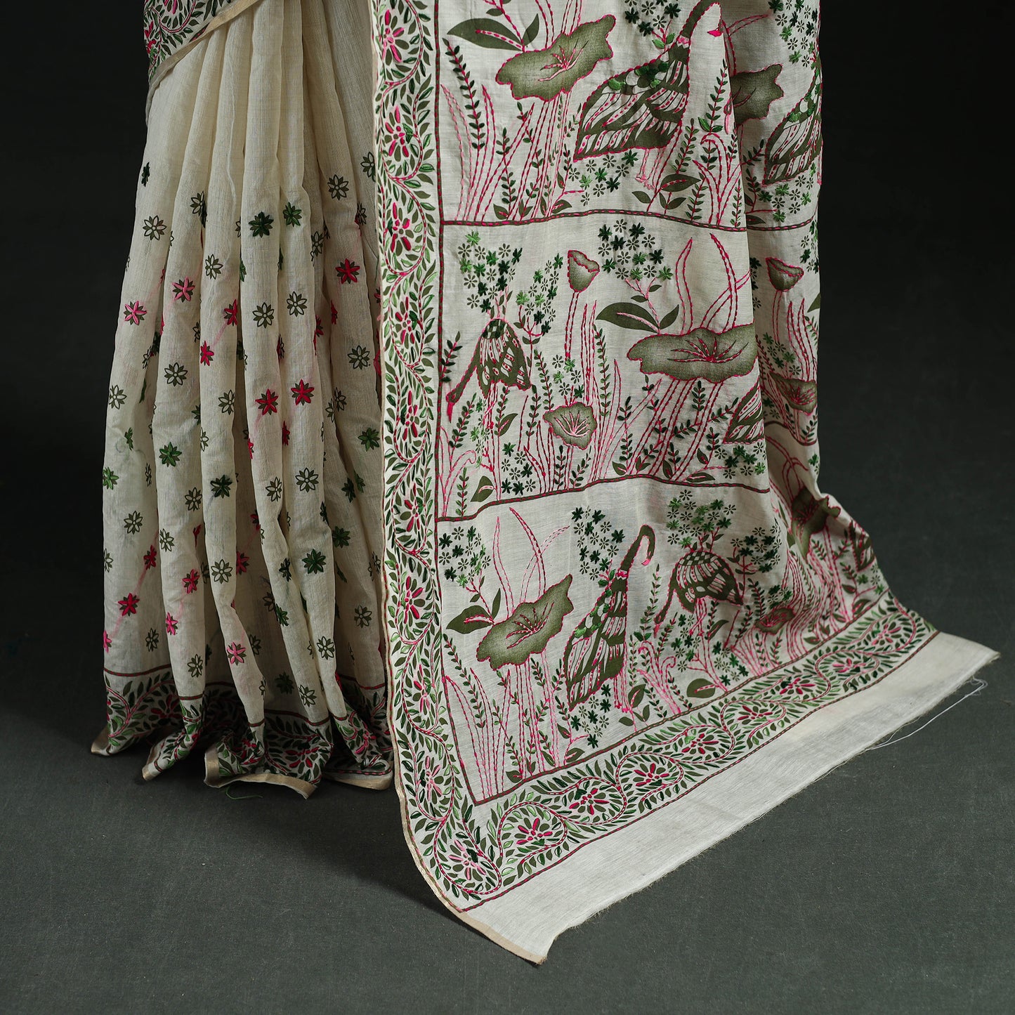 White - Bengal Kantha Hand Embroidery Silk Cotton Chapa Work Saree 92