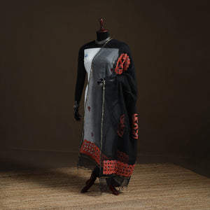 Black - Kota Doria Cotton Barmer Applique Work Dupatta with Zari Border 10