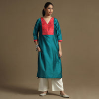 Blue - Plain Solid Slub Silk Straight Kurta