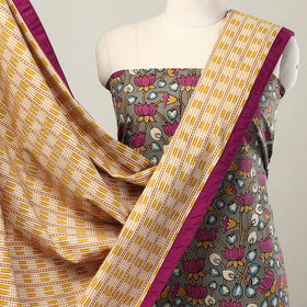 Grey - 3pc Cotton Kalamkari Print Kurta with Plain Dupatta 09