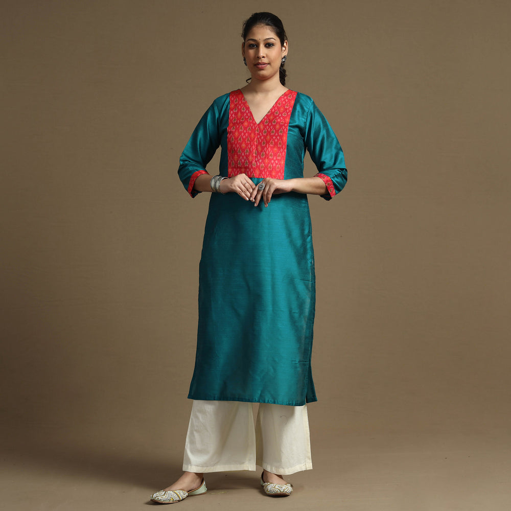 Blue - Plain Solid Slub Silk Straight Kurta