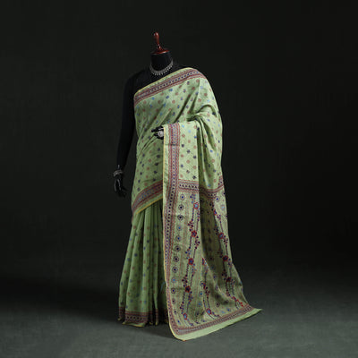 Green - Bengal Kantha Hand Embroidery Silk Cotton Chapa Work Saree 93