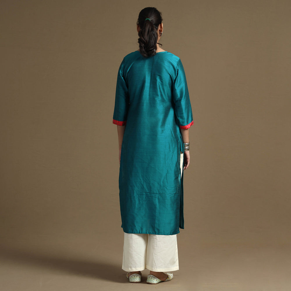 Blue - Plain Solid Slub Silk Straight Kurta