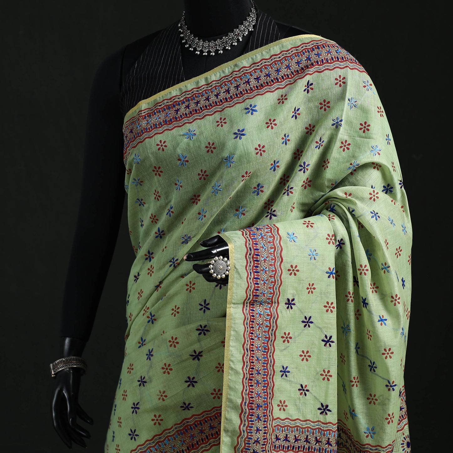 Green - Bengal Kantha Hand Embroidery Silk Cotton Chapa Work Saree 93