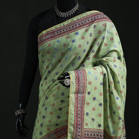 Green - Bengal Kantha Hand Embroidery Silk Cotton Chapa Work Saree 93