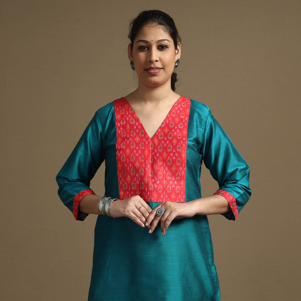 Blue - Plain Solid Slub Silk Straight Kurta