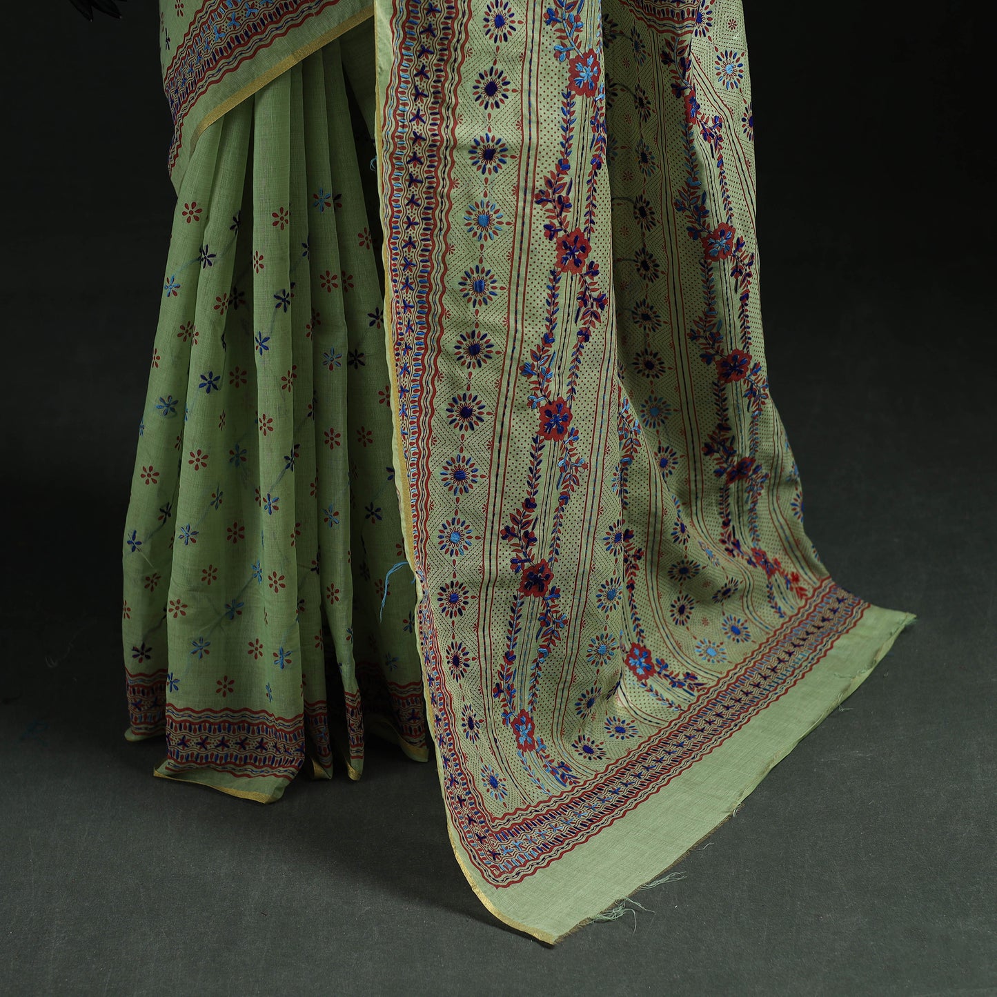 Green - Bengal Kantha Hand Embroidery Silk Cotton Chapa Work Saree 93