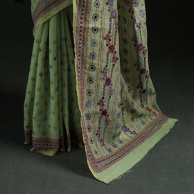 Green - Bengal Kantha Hand Embroidery Silk Cotton Chapa Work Saree 93