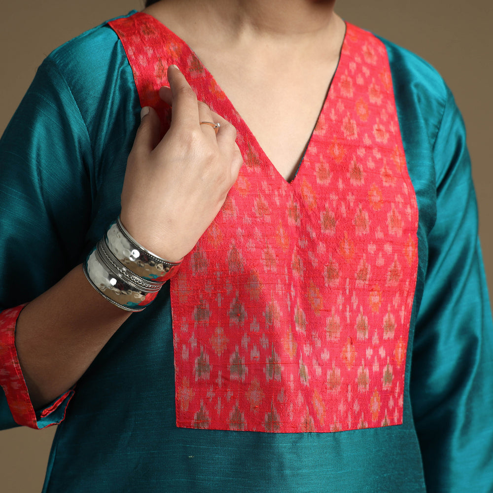 Blue - Plain Solid Slub Silk Straight Kurta