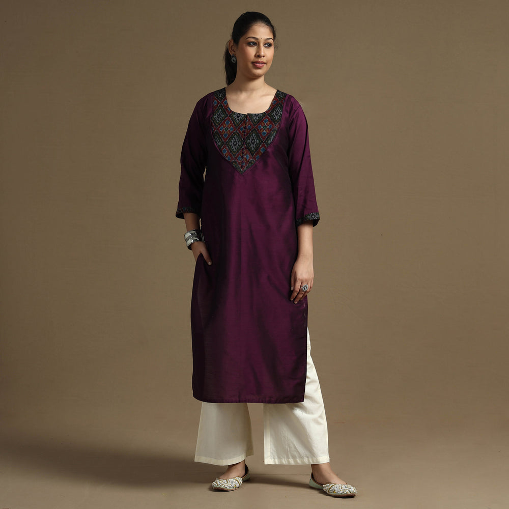 Dark Purple - Plain Solid Slub Silk Straight Kurta