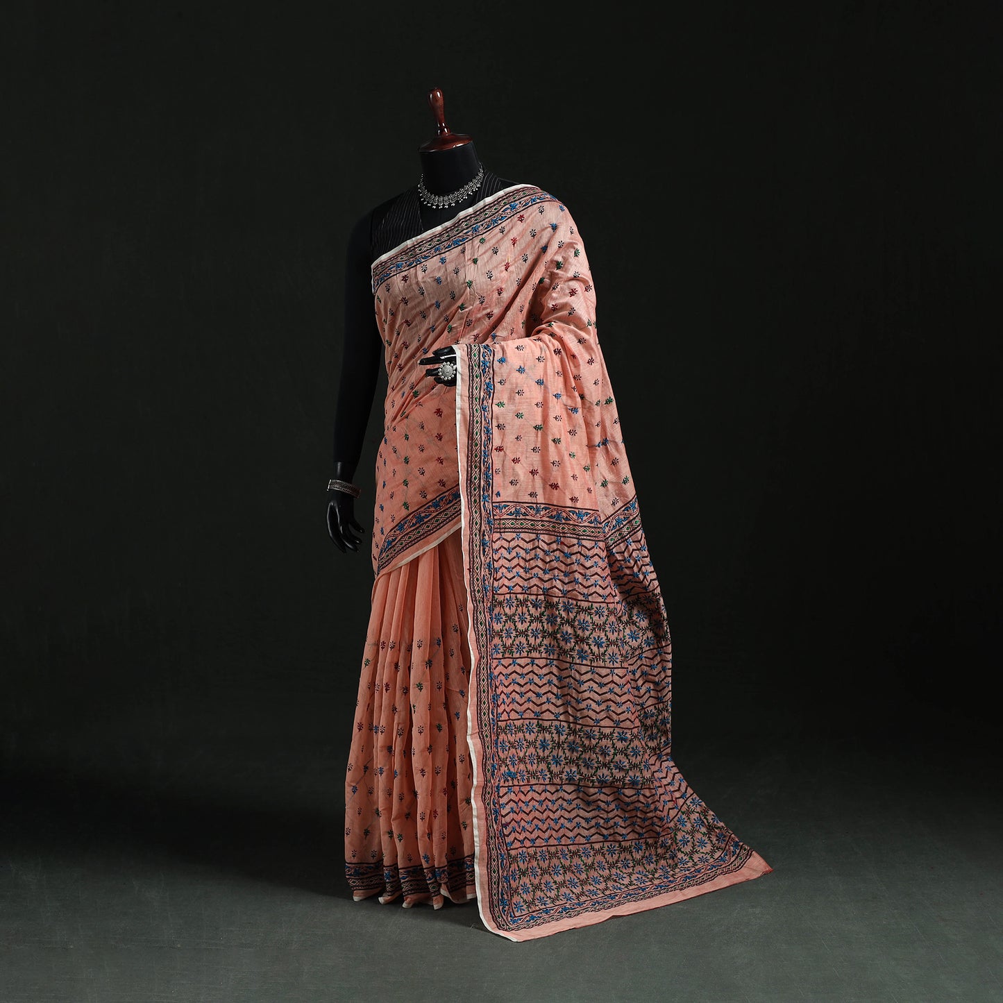 Peach - Bengal Kantha Hand Embroidery Silk Cotton Chapa Work Saree 94