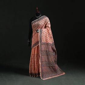 Peach - Bengal Kantha Hand Embroidery Silk Cotton Chapa Work Saree 94