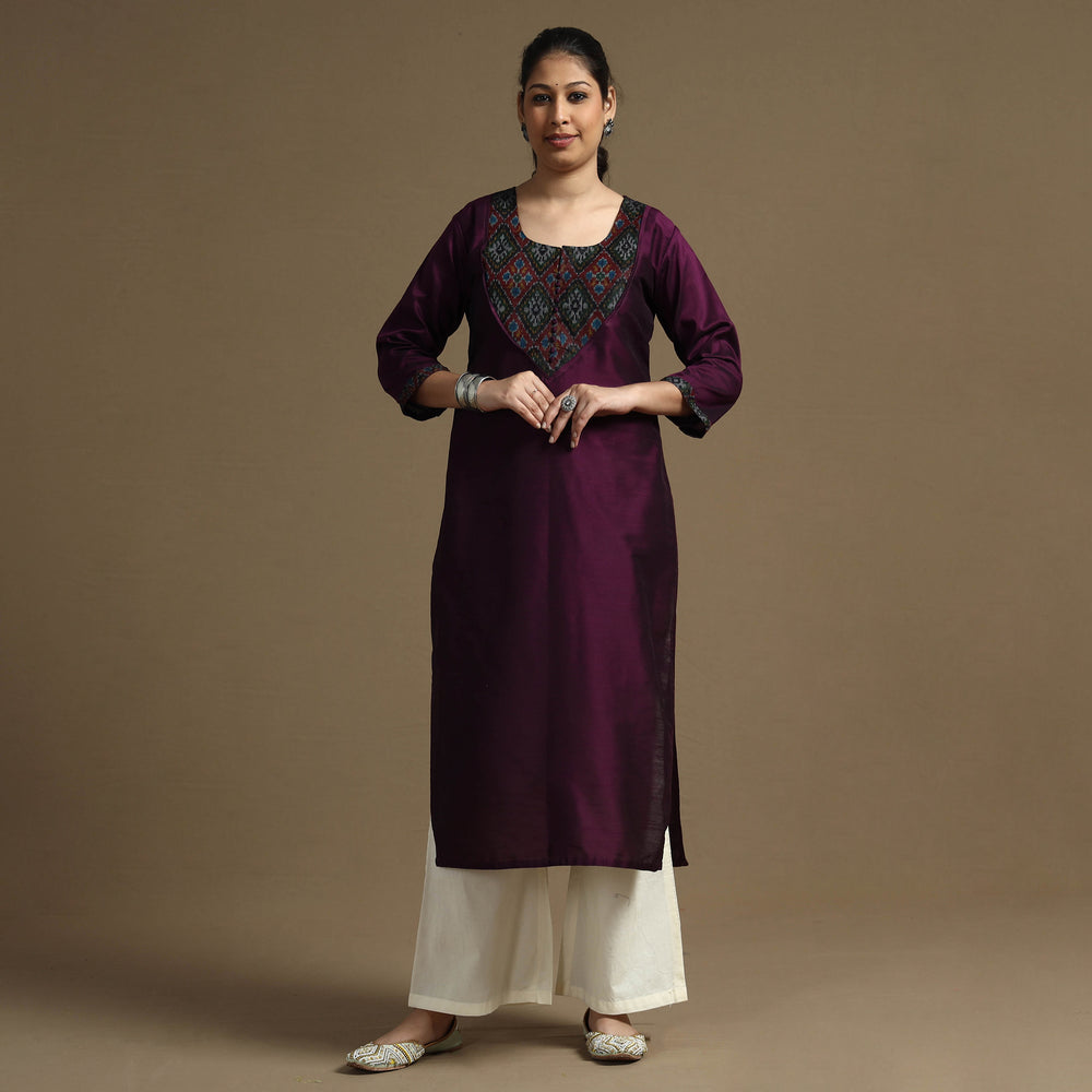 Dark Purple - Plain Solid Slub Silk Straight Kurta