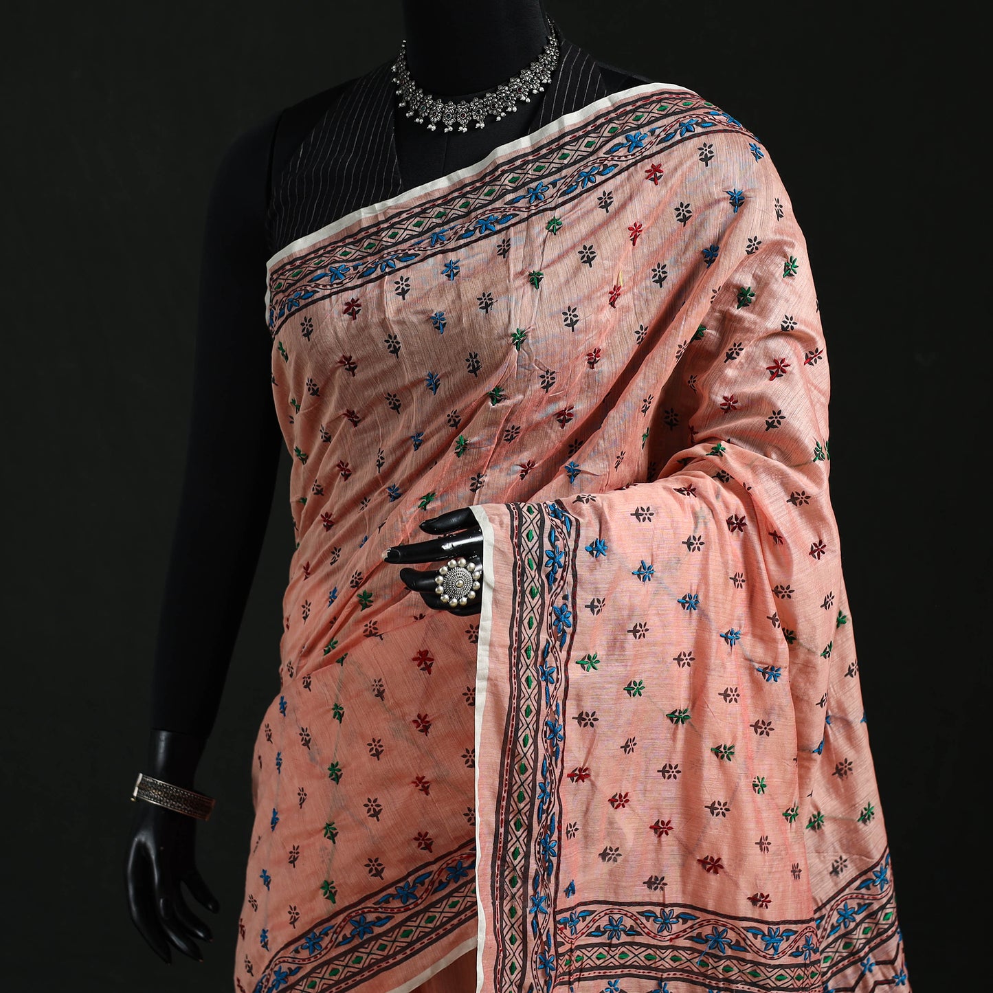 Peach - Bengal Kantha Hand Embroidery Silk Cotton Chapa Work Saree 94