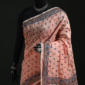 Peach - Bengal Kantha Hand Embroidery Silk Cotton Chapa Work Saree 94