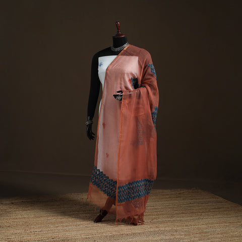 Orange - Kota Doria Cotton Barmer Applique Work Dupatta with Zari Border 12