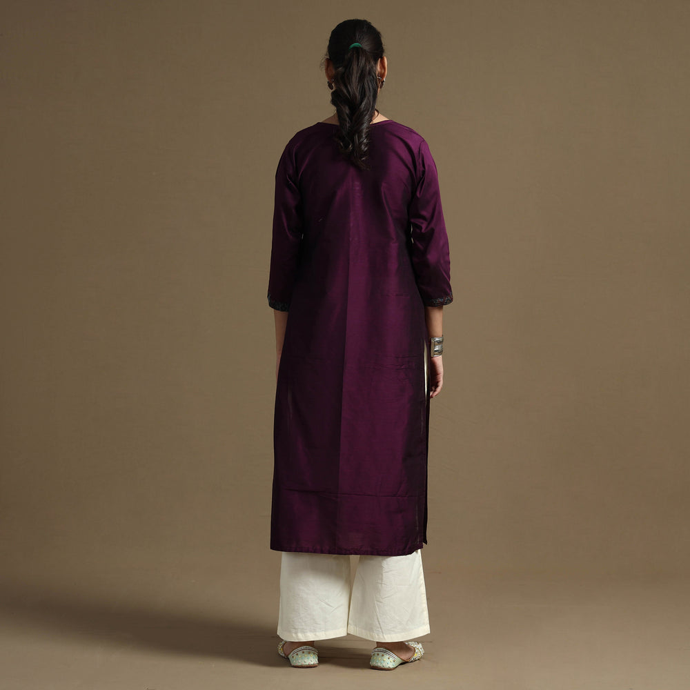 Dark Purple - Plain Solid Slub Silk Straight Kurta